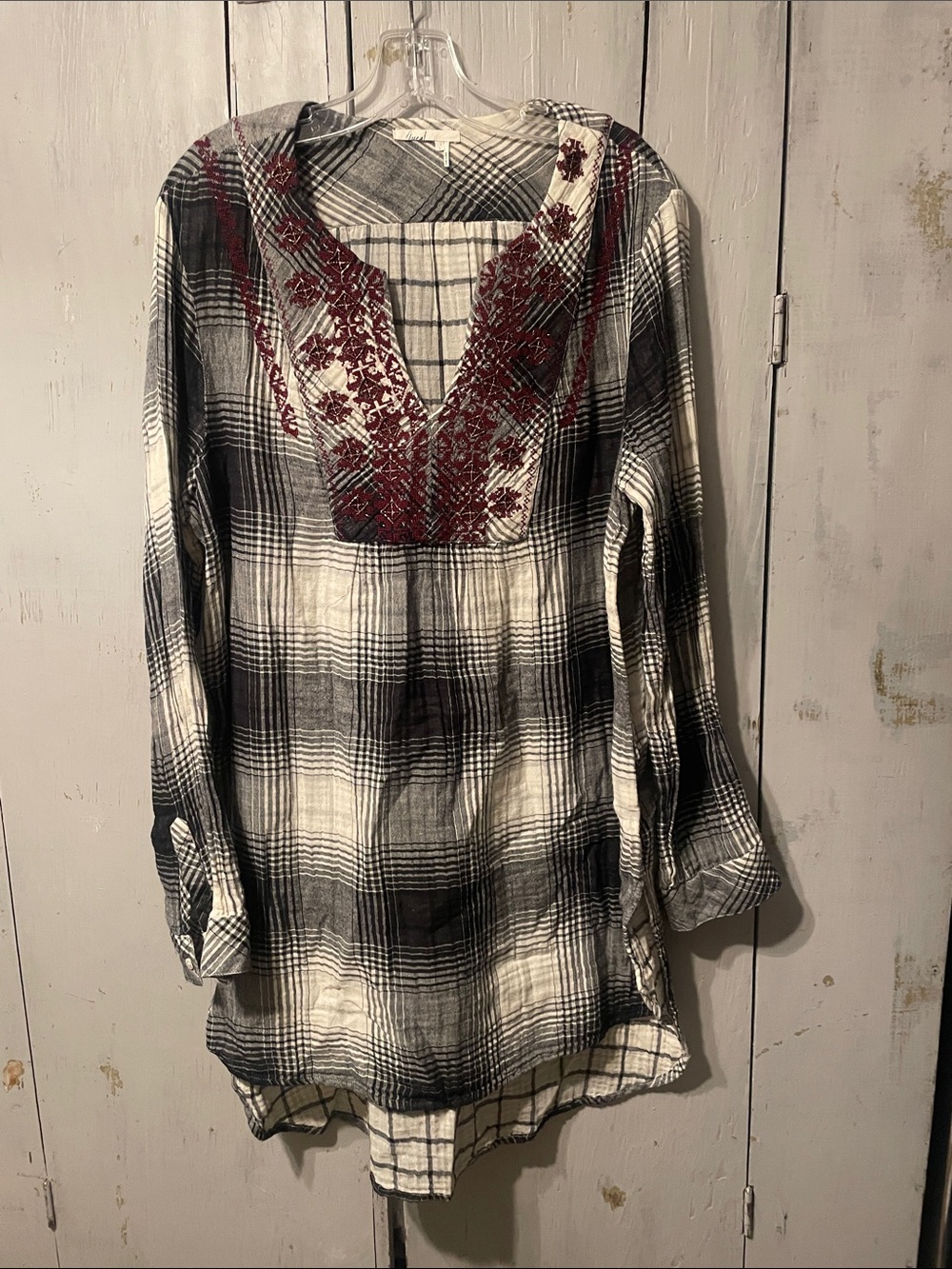 Anthropologie Black and Red Plaid Embroidered V-Neck Tunic